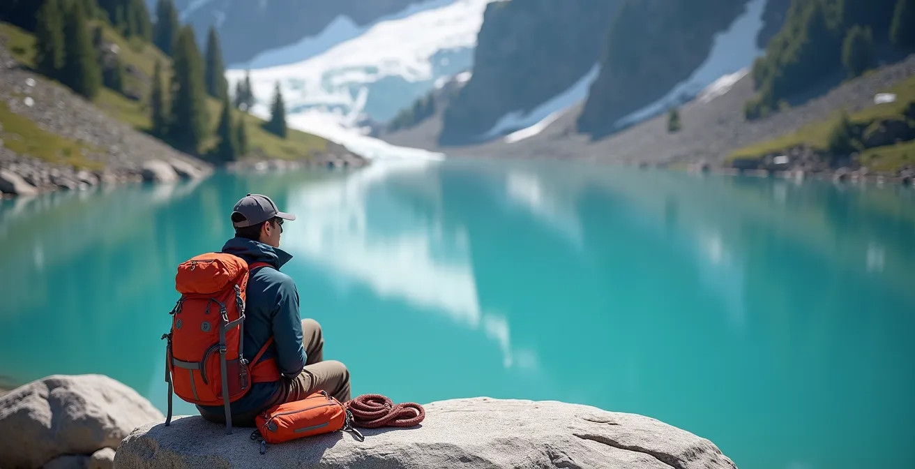 Rocky Mountain alpine lake shore with safety equipment and mountain peaks
