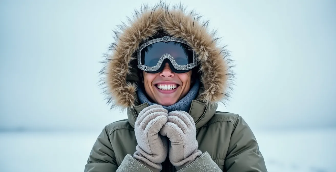 Person wearing full Arctic winter gear standing against snowy tundra landscape