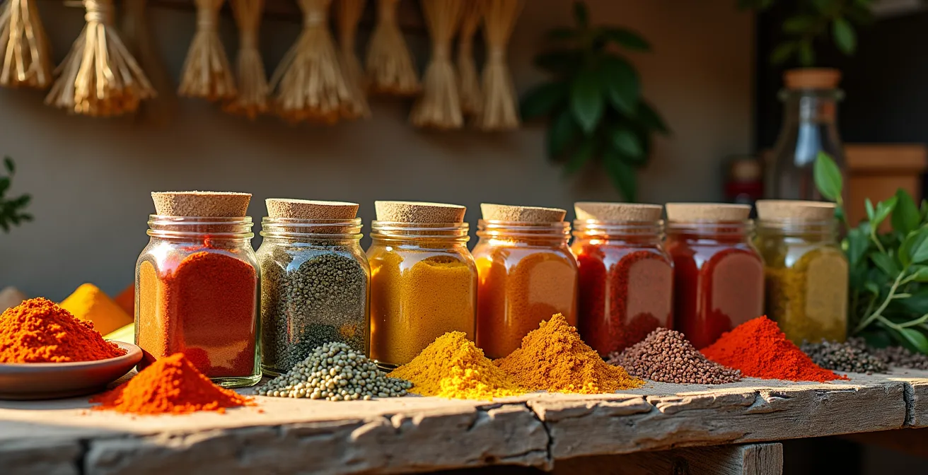 Colorful spice blends in glass jars arranged at market stall