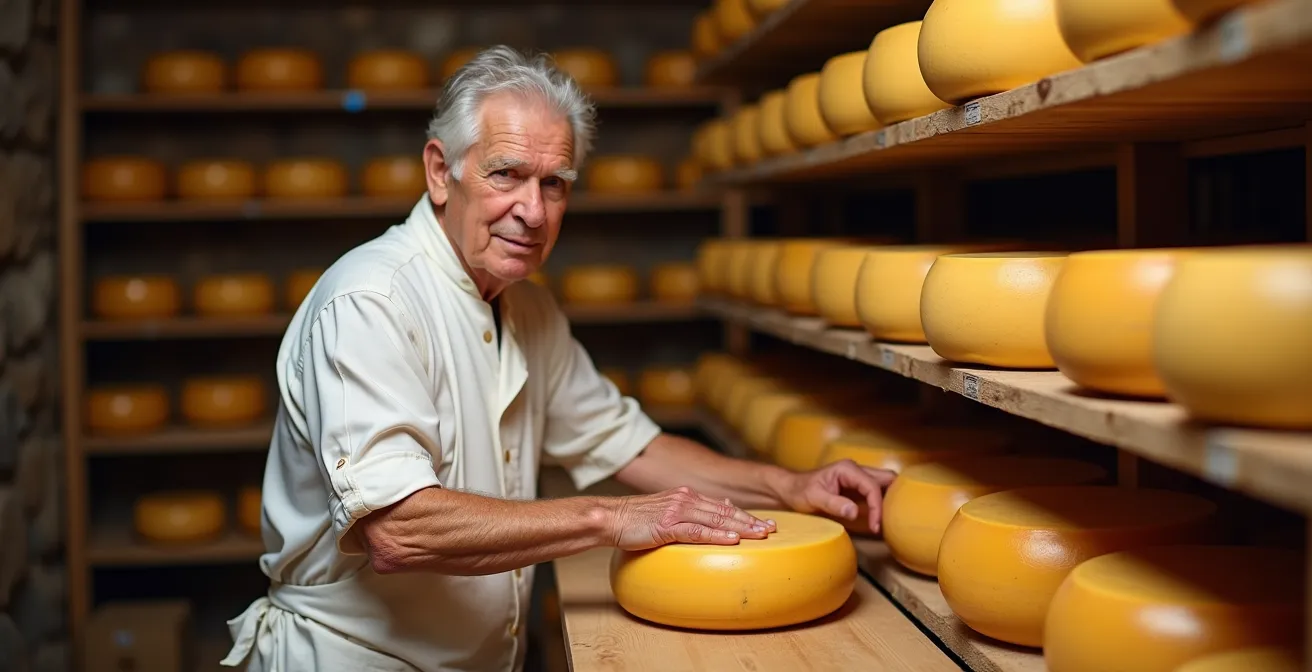 Artisan cheesemaker working with traditional tools in a Quebec fromagerie