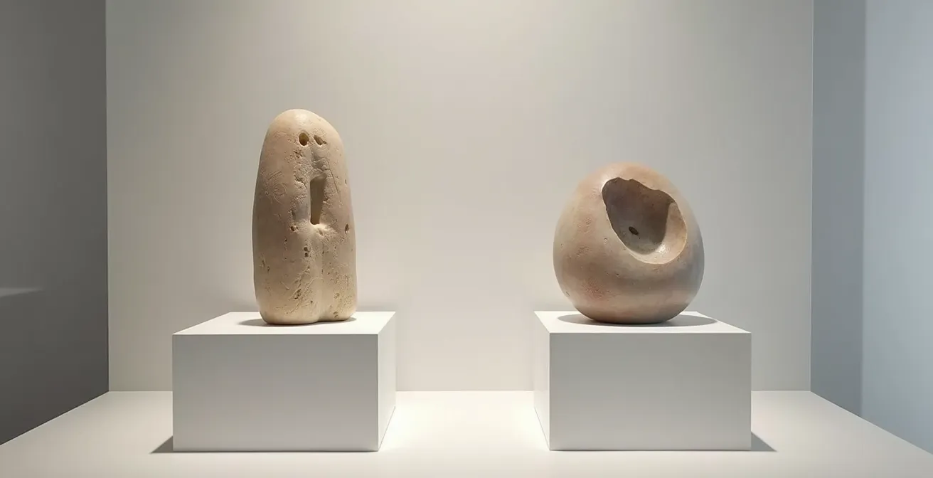 Side-by-side comparison of authentic handcarved art piece and mass-produced imitation