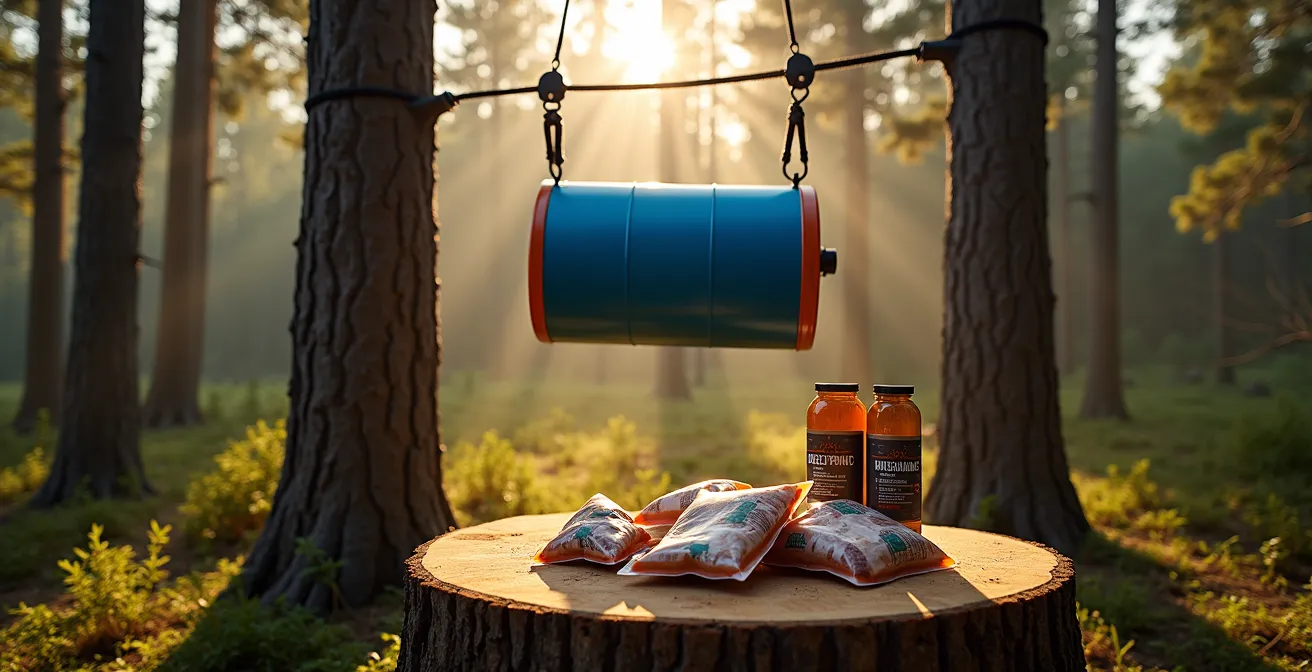 Bear-proof barrel and rope pulley system for food storage at remote cabin