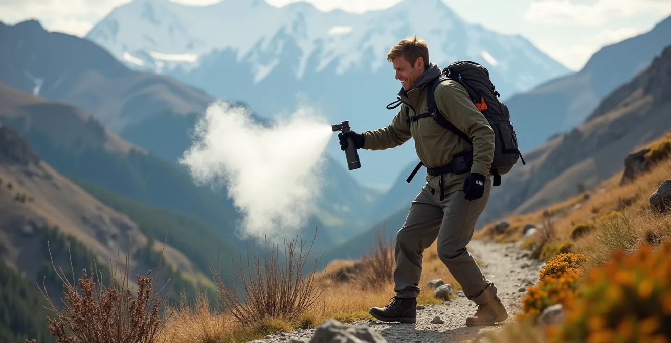 Demonstration of proper bear spray deployment technique in windy mountain conditions