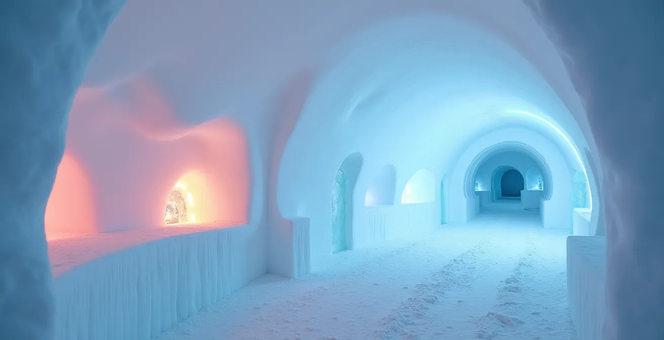 Wide corridor of Quebec's ice hotel glowing in blue hour light with carved ice sculptures and glowing snow walls