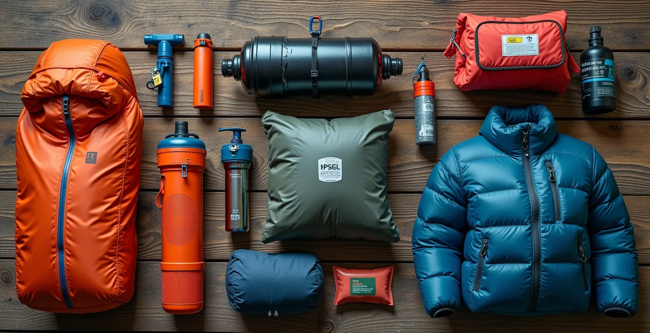 Detailed gear layout showing mandatory Canadian wilderness equipment weight distribution
