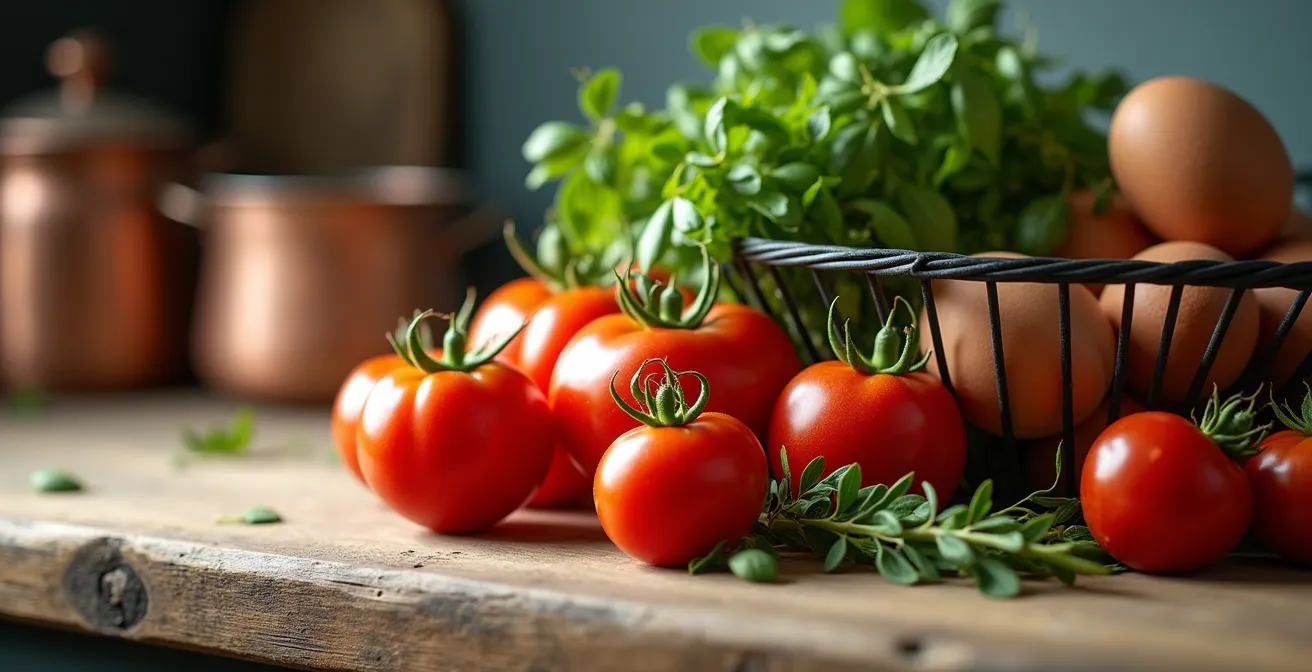 Rustic farmhouse kitchen with fresh produce ready for evening meal preparation