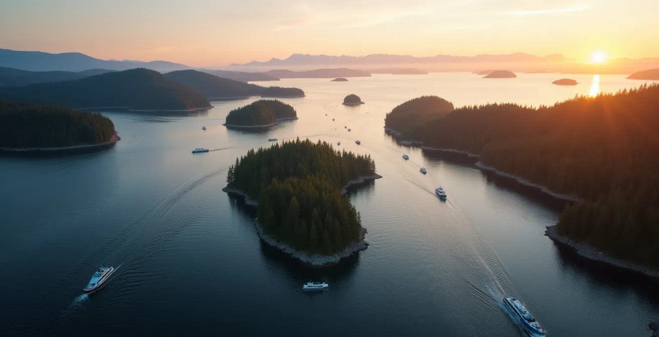 Aerial view of Canadian coastal landscape showing interconnected islands and waterways