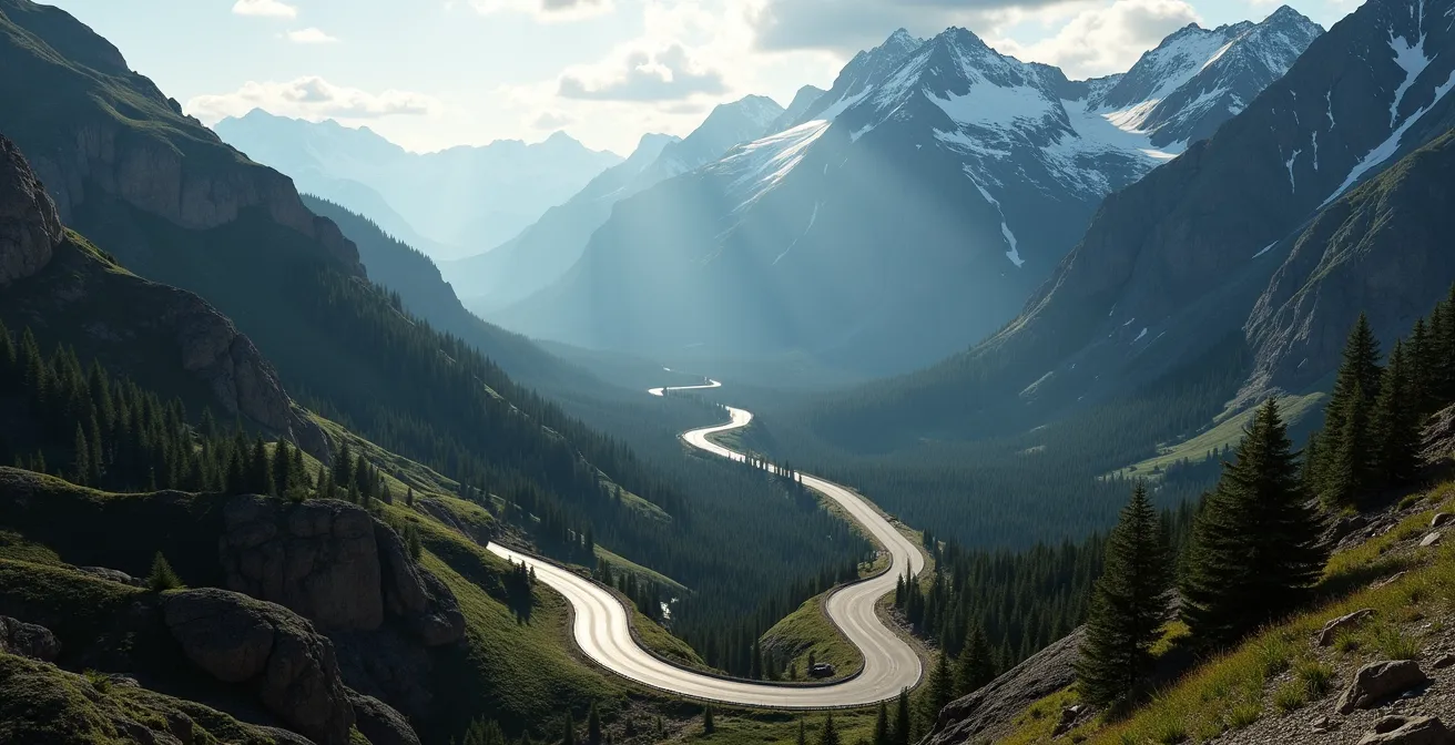 Dramatic mountain road winding through Canadian Rockies landscape