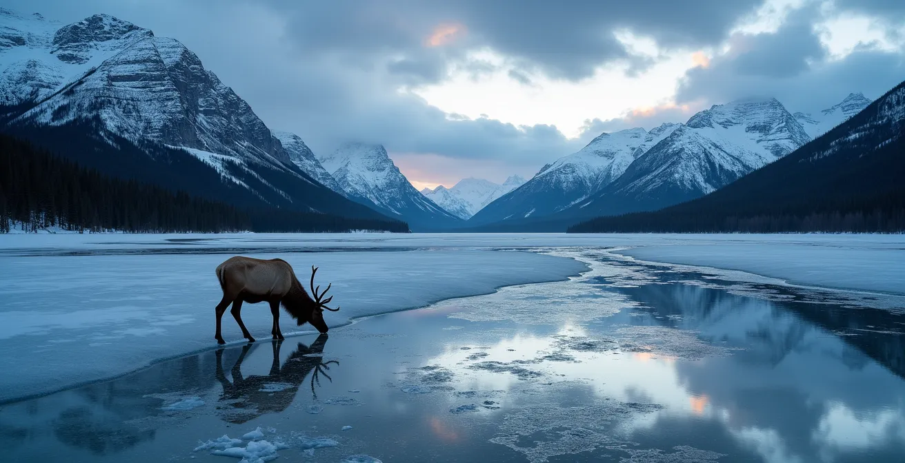 Snow-covered Canadian Rockies reflected in partially frozen alpine lake during November twilight