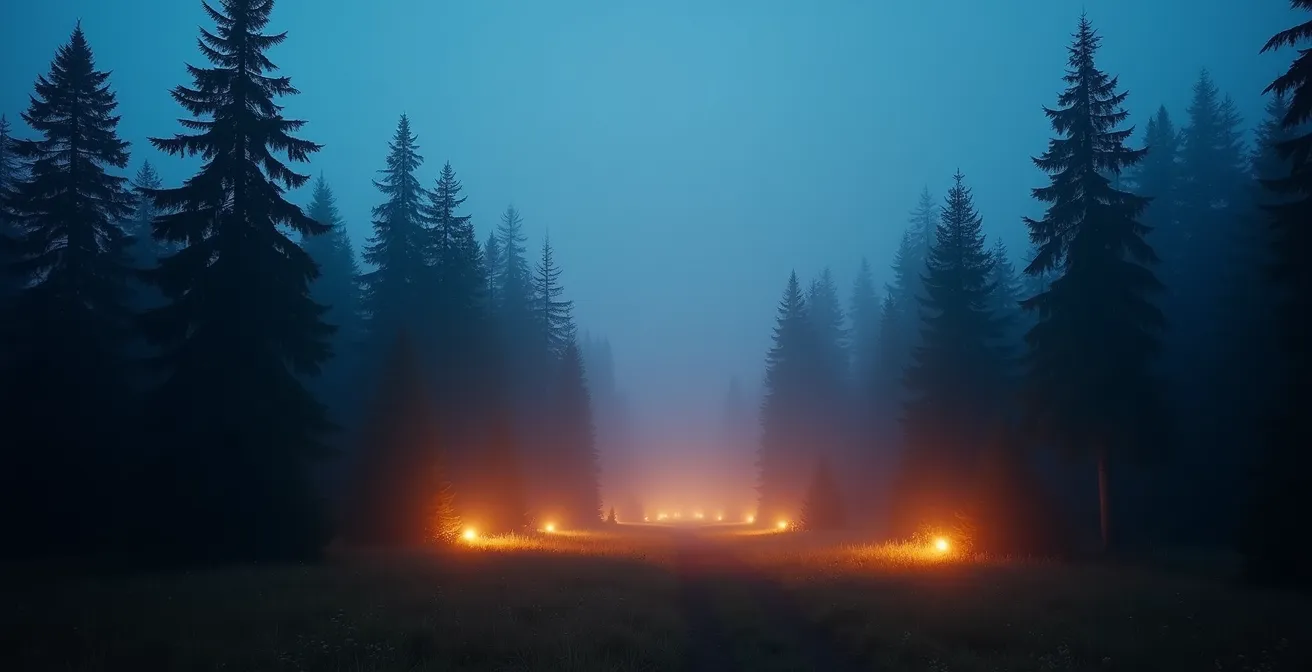 Twilight forest scene with warm golden lights creating ethereal glow through misty evergreen trees