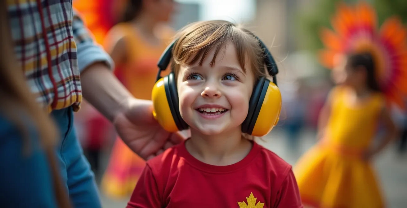 Close-up of child wearing protective ear muffs while watching colourful parade