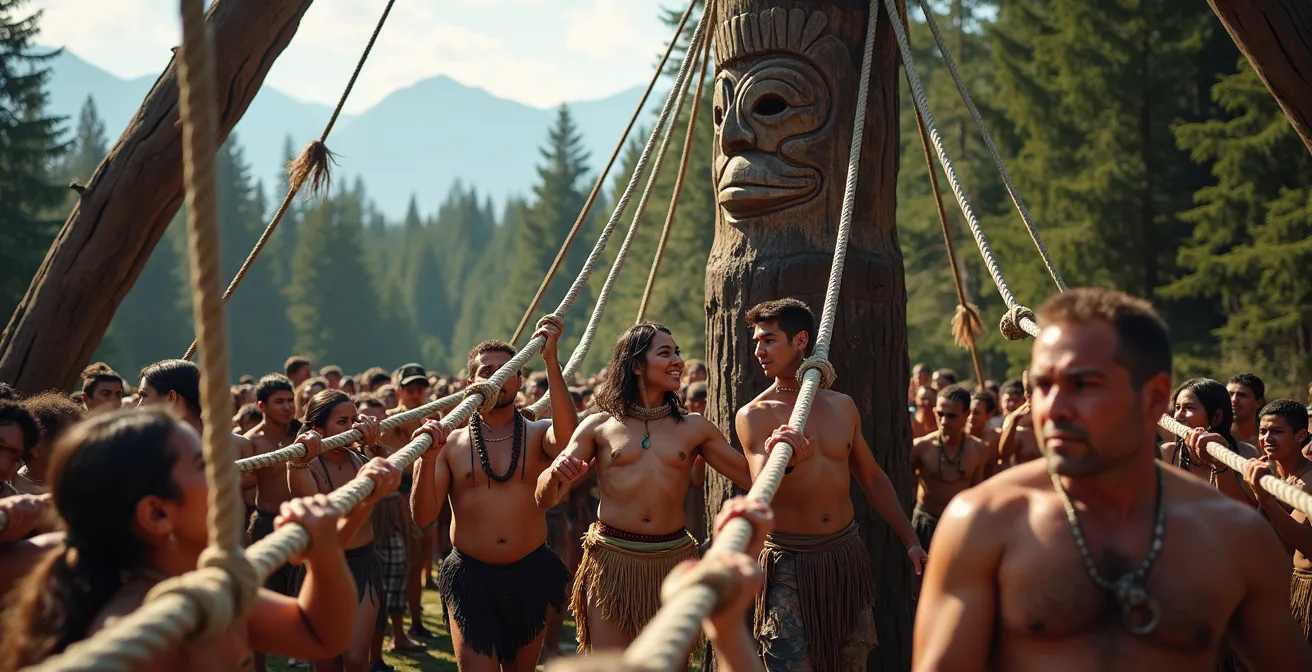 Community members pulling ropes to raise a totem pole using traditional A-frame technique