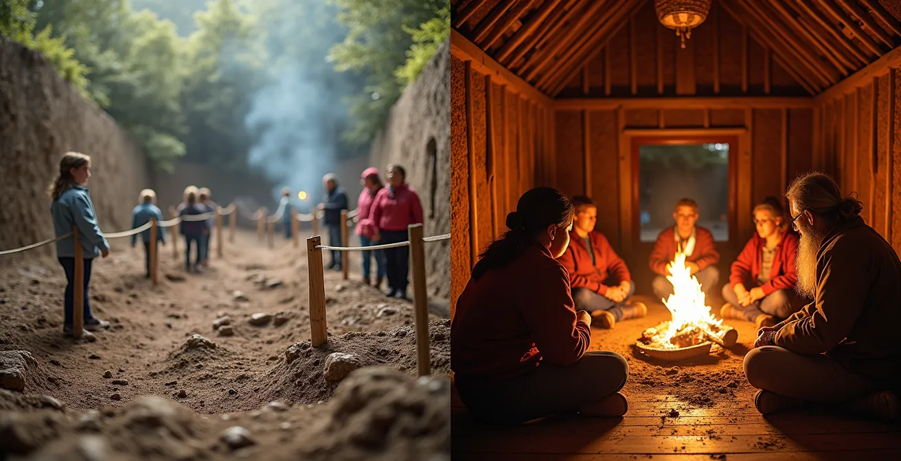 Split composition showing archaeological site observation versus interactive Indigenous cultural demonstration