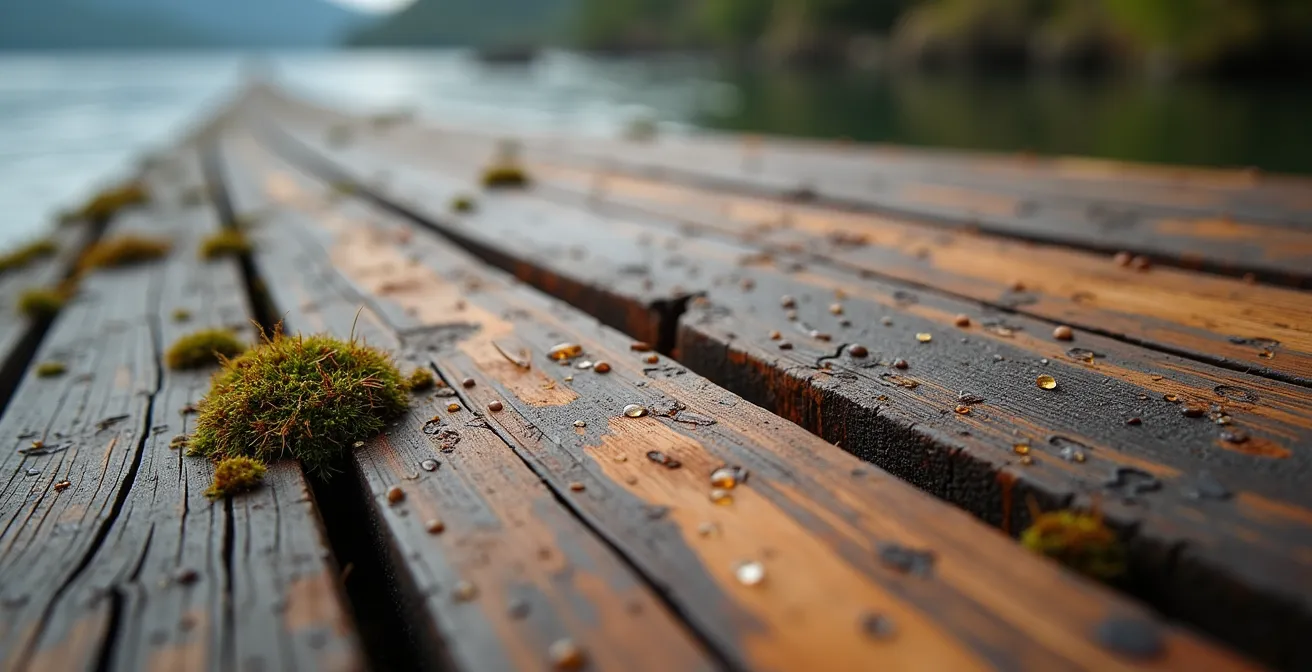 Macro detail of weathered cedar planks showing grain patterns and traditional joinery techniques