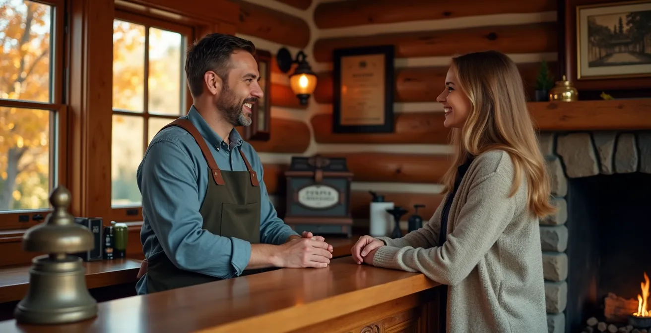Warm reception area of a traditional Canadian inn during autumn shoulder season