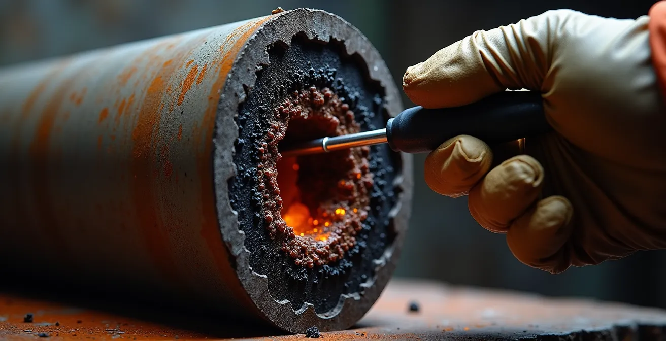 Cross-section view of dangerous creosote deposits in cabin chimney pipe