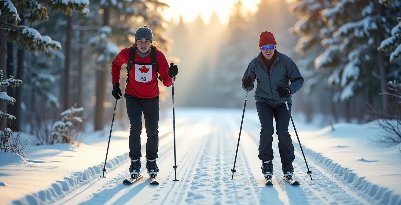 Split scene showing classic and skate skiing techniques on Canadian trails