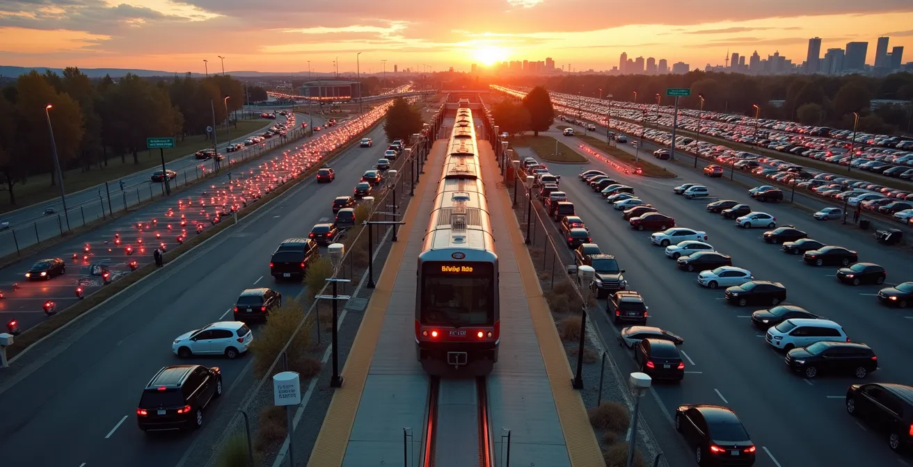 Park and ride lot with C-Train station at dusk showing empty parking spaces