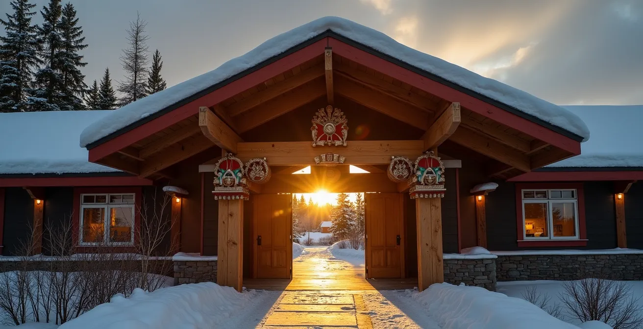 Indigenous cultural centre building with traditional and modern architectural elements