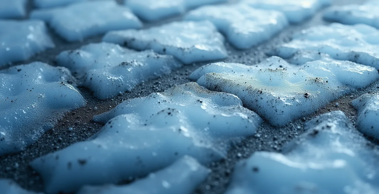 Macro view of darkened glacier surface with wildfire soot deposits contrasting against pristine ice