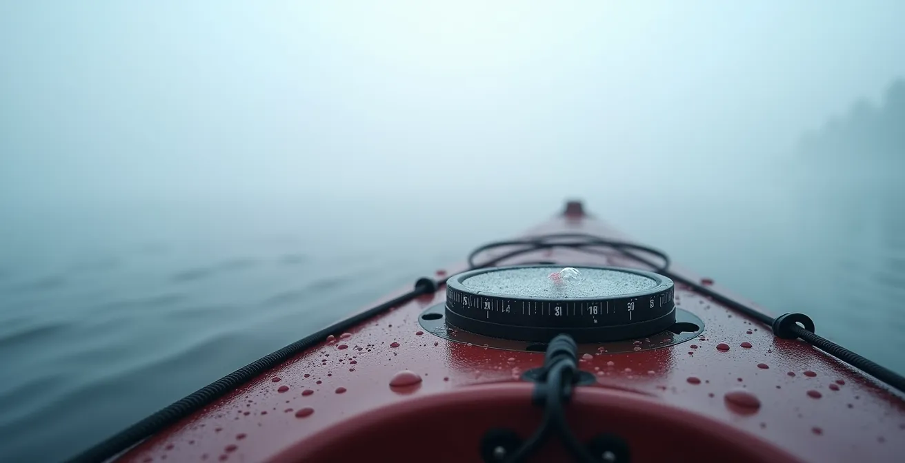 Kayak deck compass in thick fog with water droplets on surface