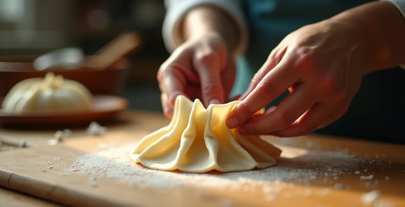 Close-up of handmade dumplings being prepared in a traditional kitchen with cultural artifacts in background