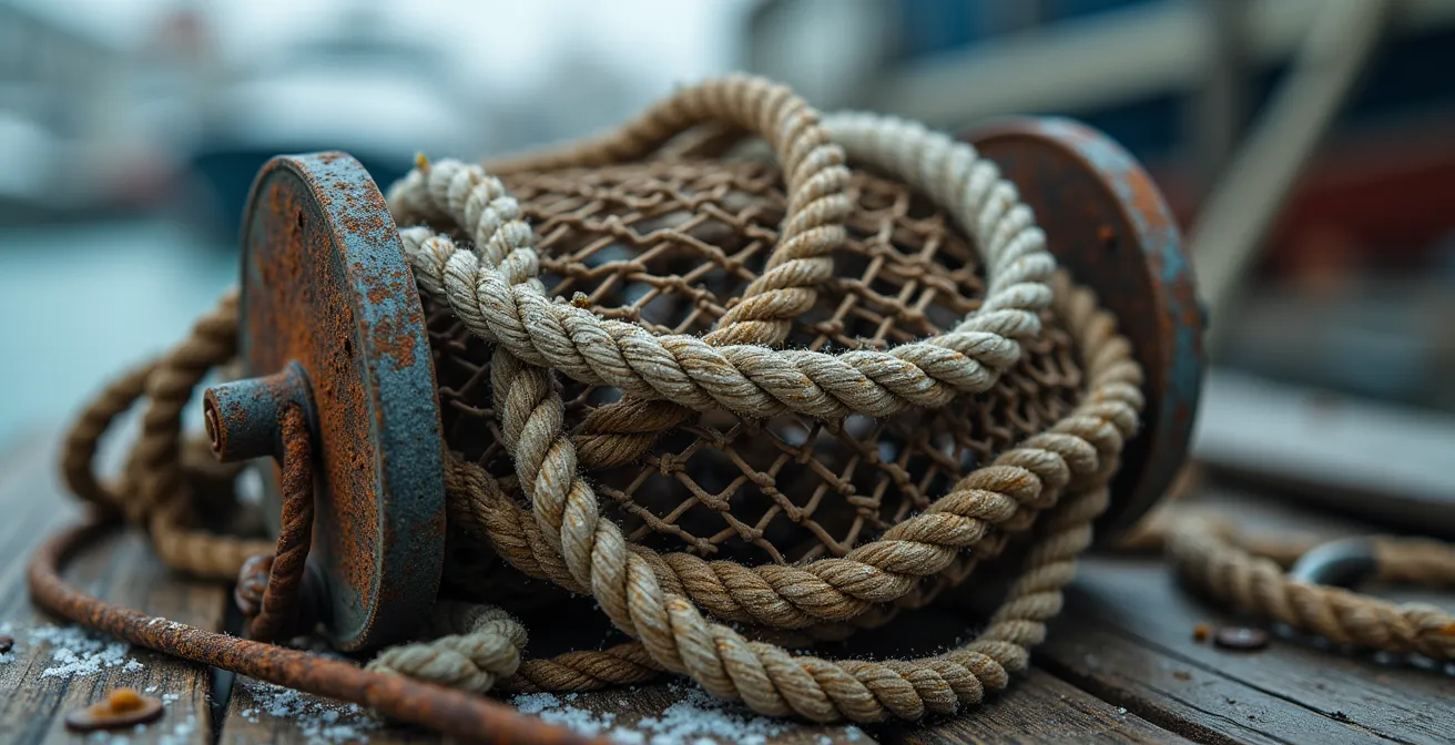 Close-up view of fishing boat equipment and deck hardware