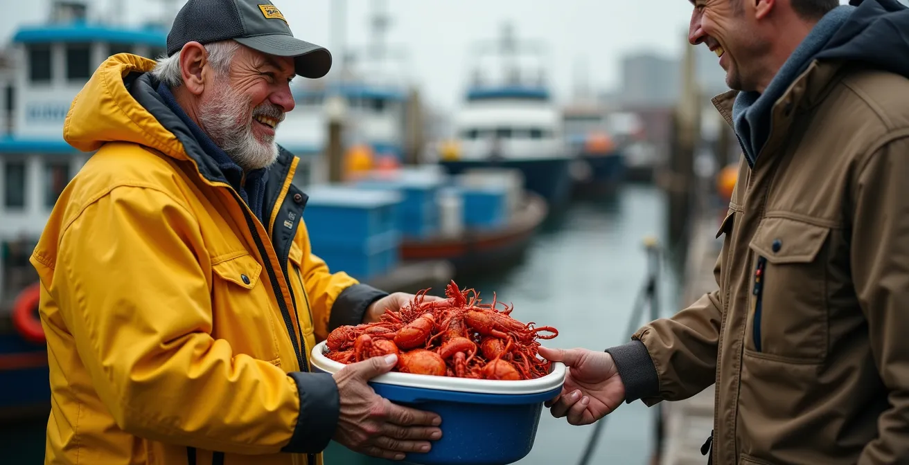 Fishermen and locals at morning wharf interaction