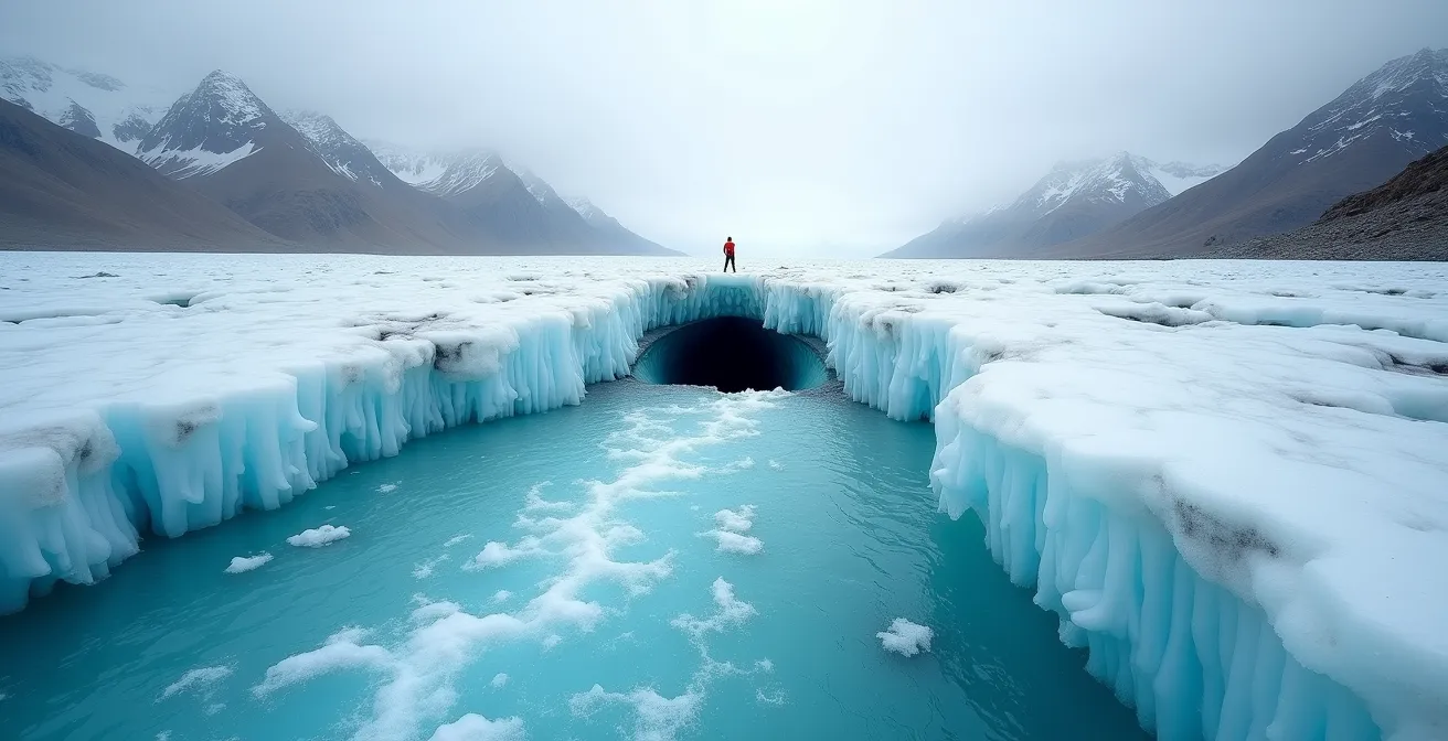 Wide angle view of turquoise meltwater streams on glacier surface leading to a dangerous moulin opening