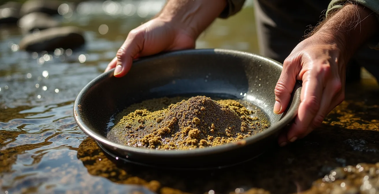 Close-up hands holding gold pan with sediment and water showing panning technique