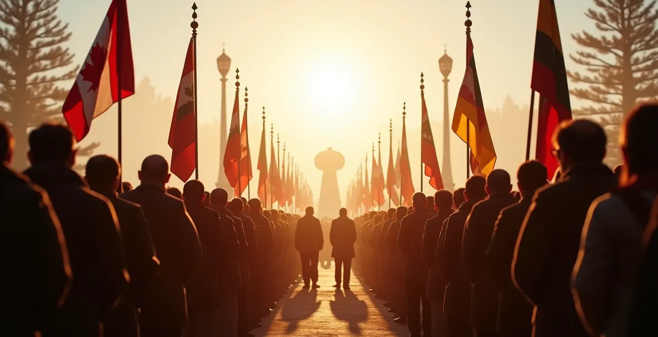 Crowd standing respectfully as eagle staffs and flags enter powwow arena during Grand Entry