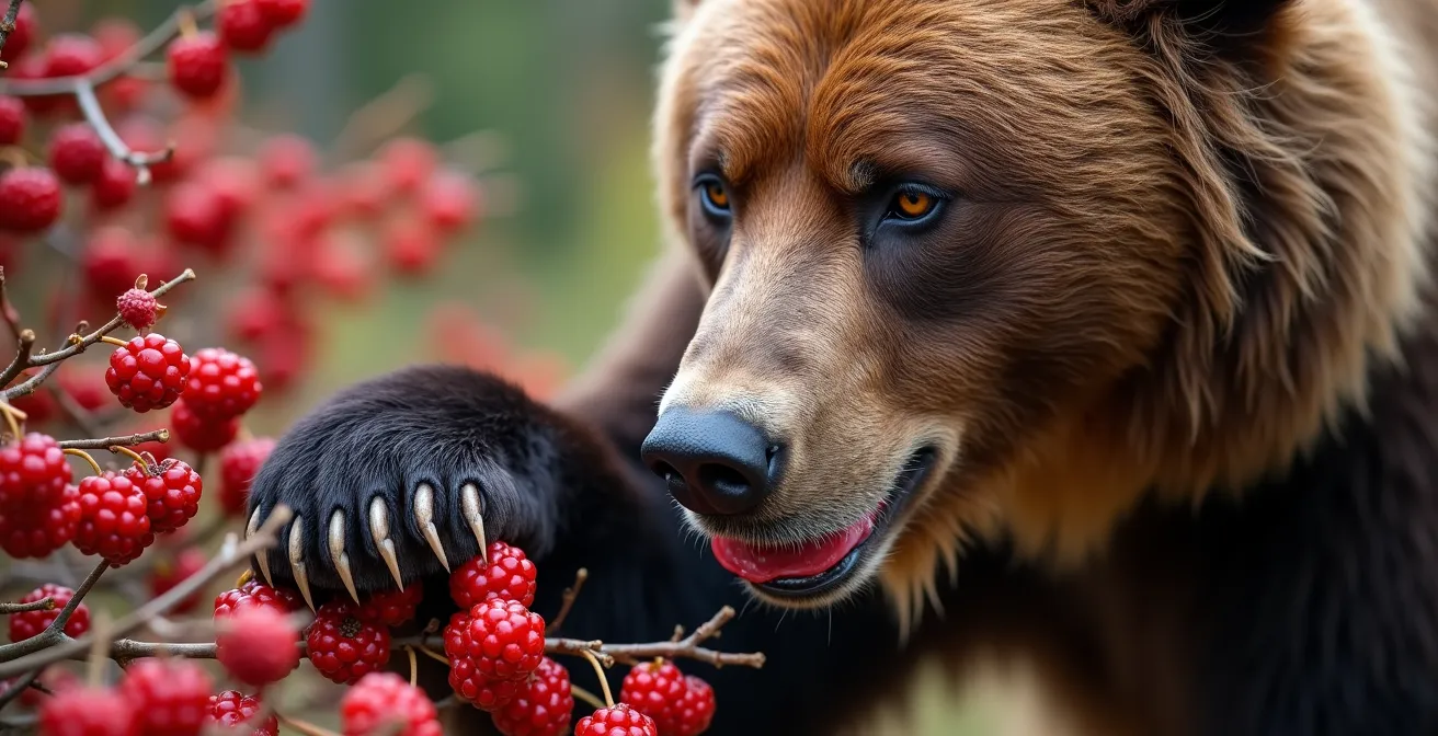 Grizzly bear intensely foraging on buffaloberries during fall hyperphagia period