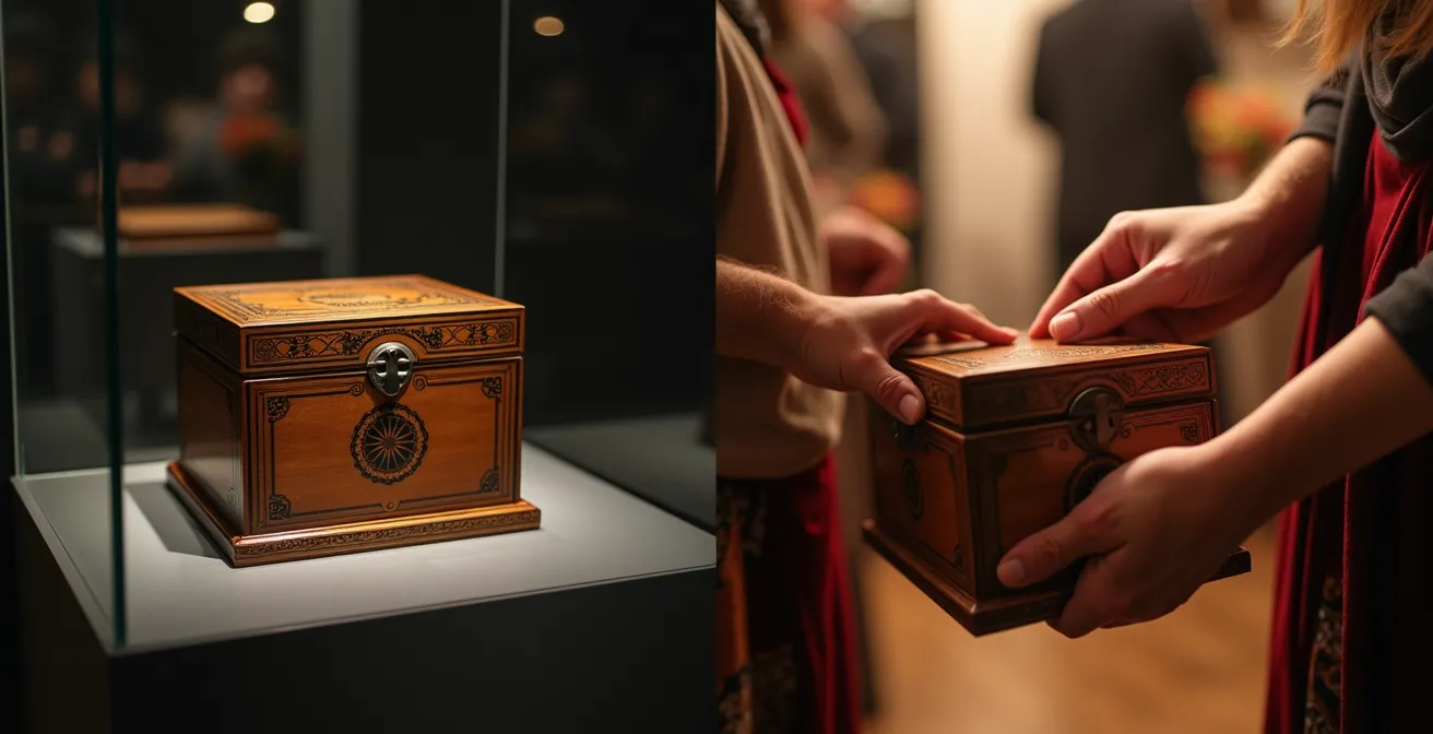 Split composition showing a bentwood box in active ceremonial use versus static museum display