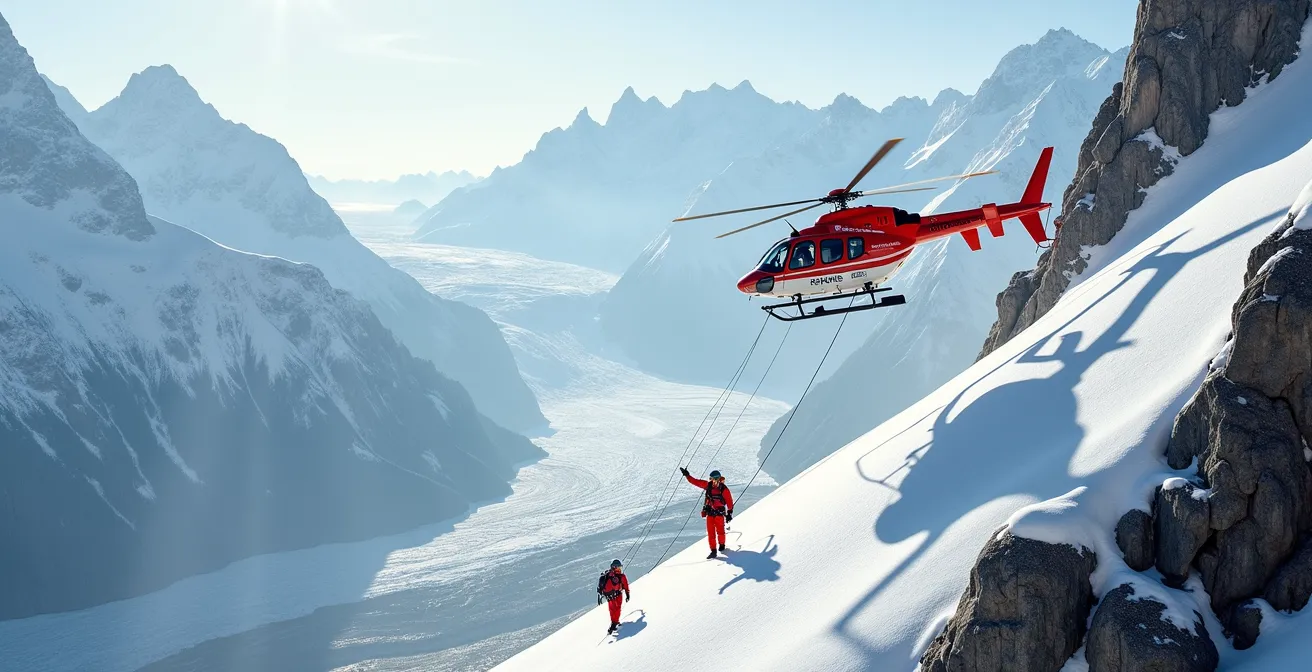 Emergency rescue helicopter hovering above snowy Canadian mountain terrain