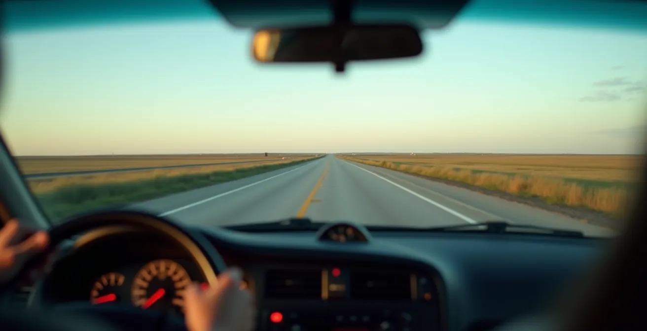 Driver's perspective of endless straight prairie highway creating hypnotic vanishing point