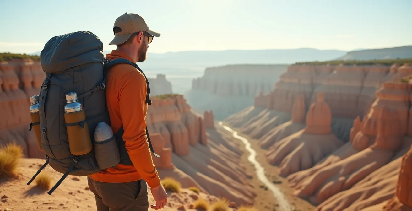 Wide shot of hiker with multiple water bottles in arid badlands terrain