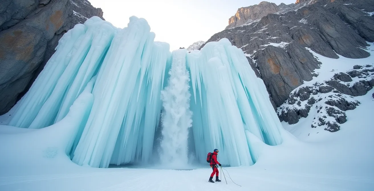 Ice climber demonstrating windmill arm swing technique for circulation at base of frozen waterfall