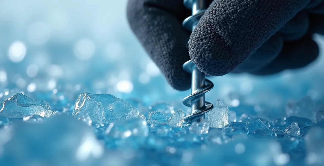 Detailed macro view of ice screw being placed into blue ice of frozen waterfall