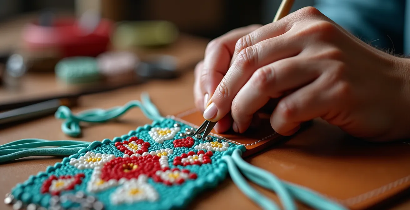 Close-up of Indigenous artisan hands working on traditional beadwork jewelry piece
