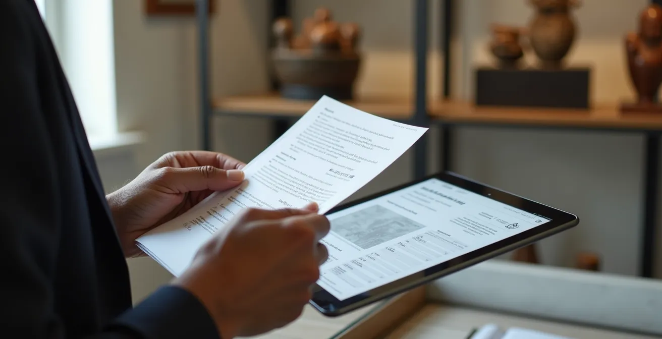 Person researching Indigenous artist authenticity on tablet with traditional art in background