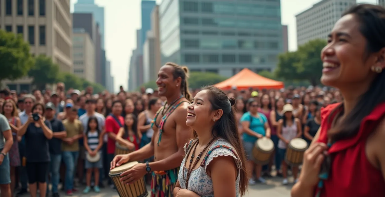 Wide shot of outdoor Indigenous music festival in urban square with diverse crowd enjoying performances