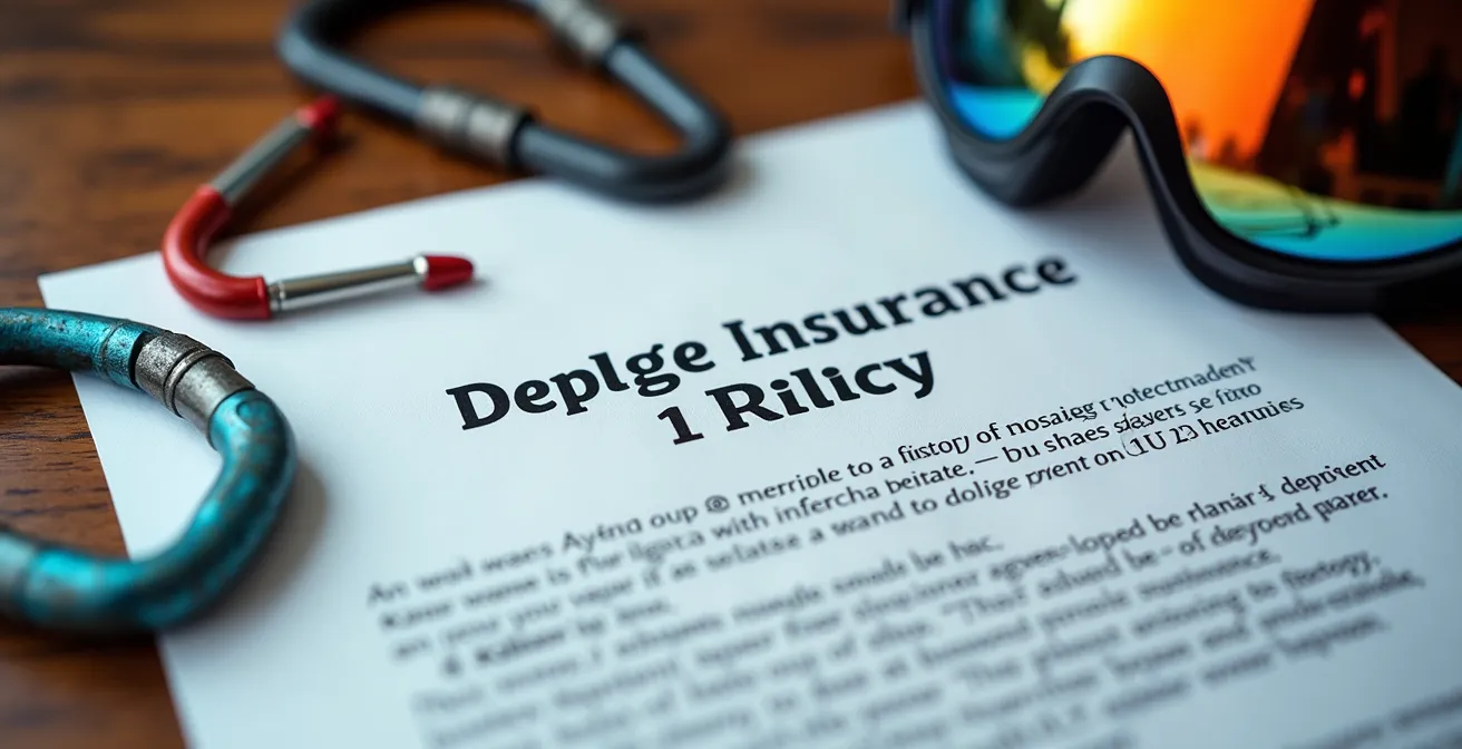 Multiple insurance documents arranged on wooden desk with adventure gear