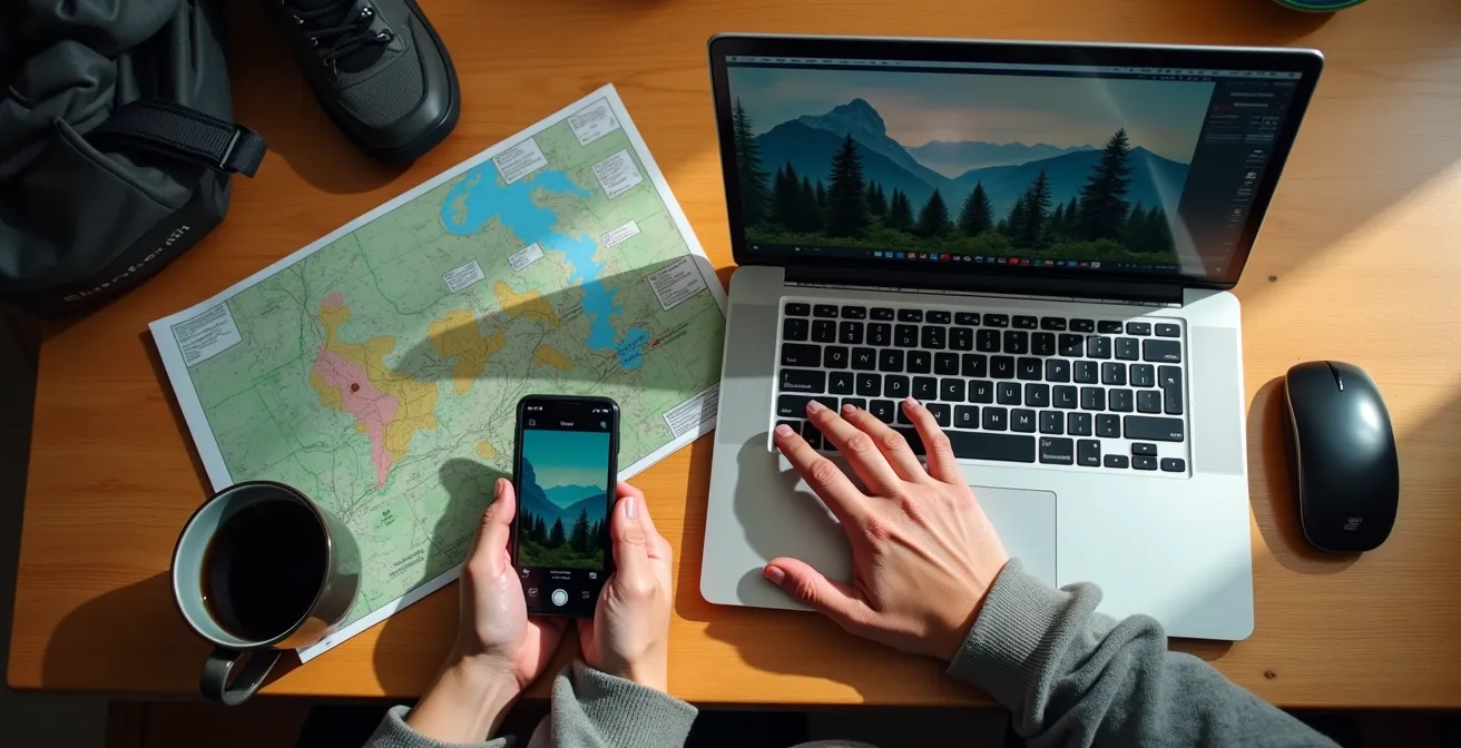 Overhead view of hands using laptop and smartphone simultaneously for camping reservations