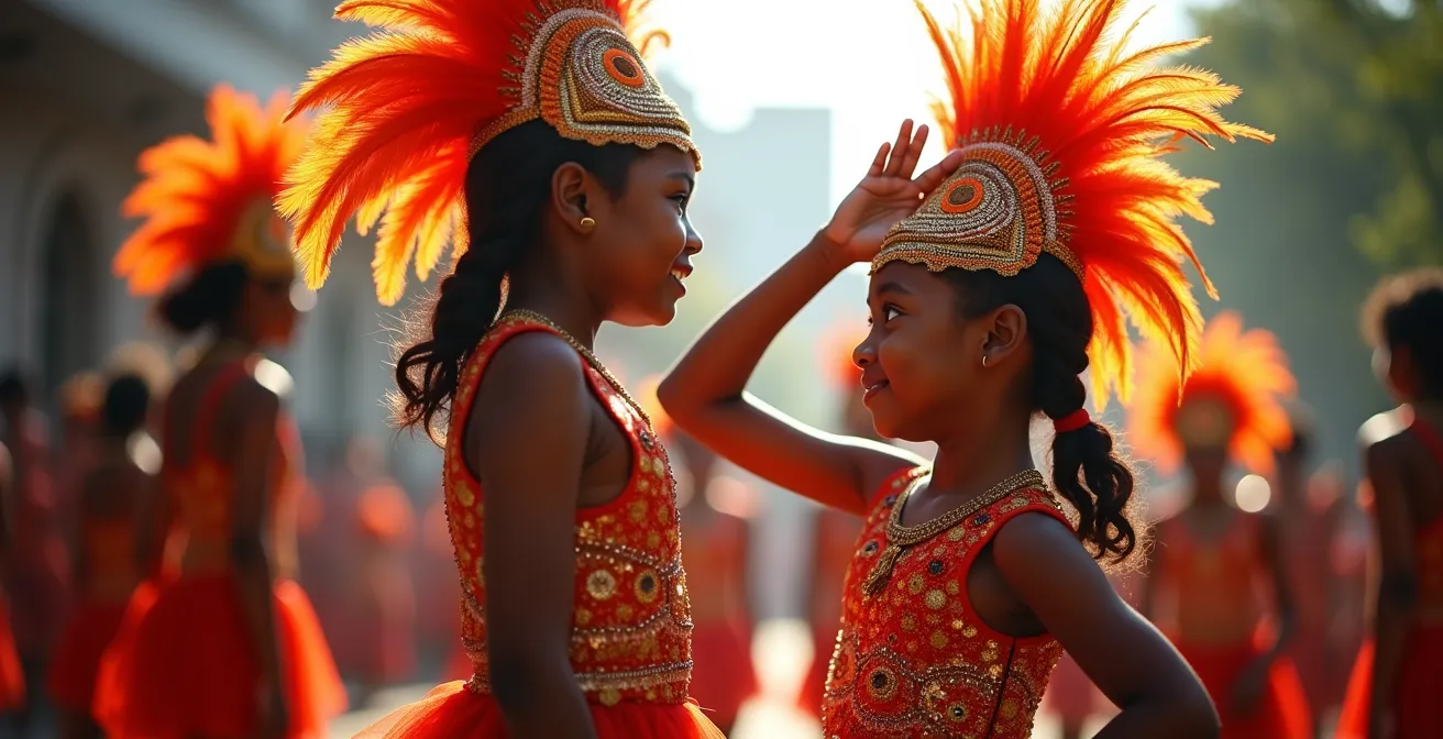 Young masqueraders in vibrant costumes during Junior Carnival celebration