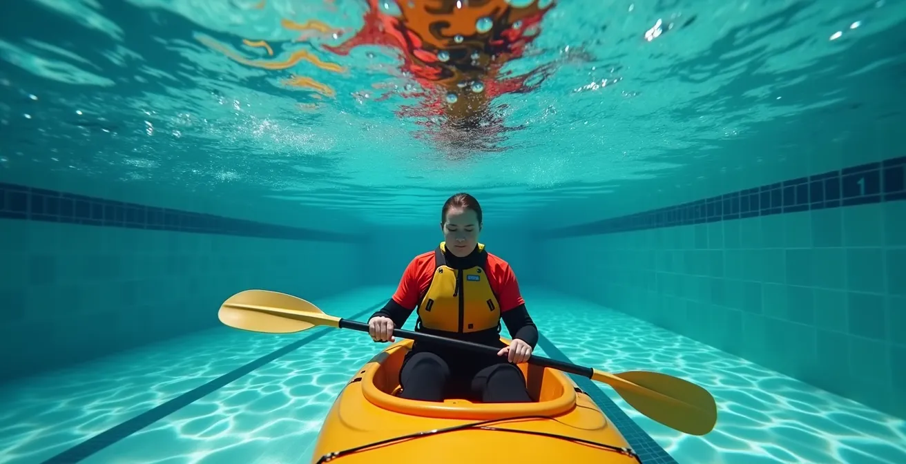 Close-up of kayaker's hands releasing spray skirt during wet exit practice