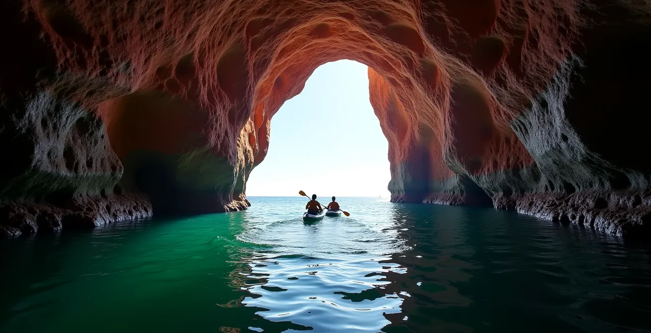 Kayakers paddling through dramatic sandstone sea cave entrance at low tide