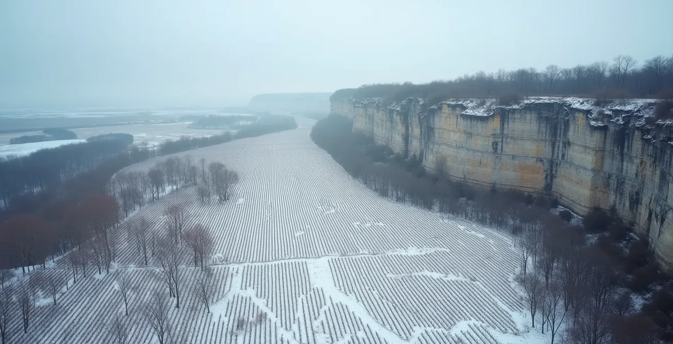 Aerial view of Niagara Escarpment limestone cliffs with vineyards below in winter