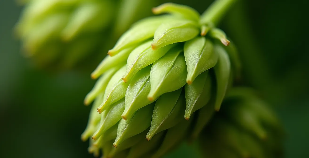 Extreme close-up of a green hop cone showing detailed textures and lupulin glands, macro photography style.