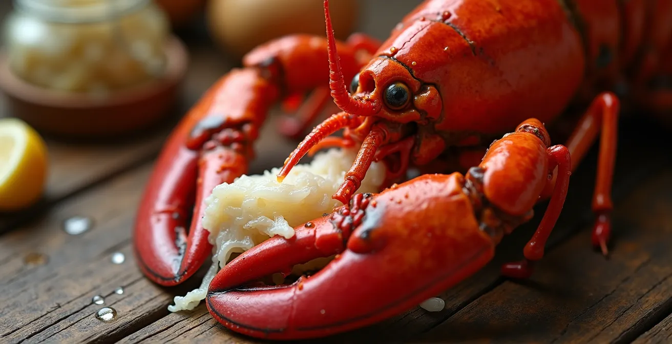 Extreme close-up of hands demonstrating the Maritime fisherman's technique of extracting meat from a lobster leg