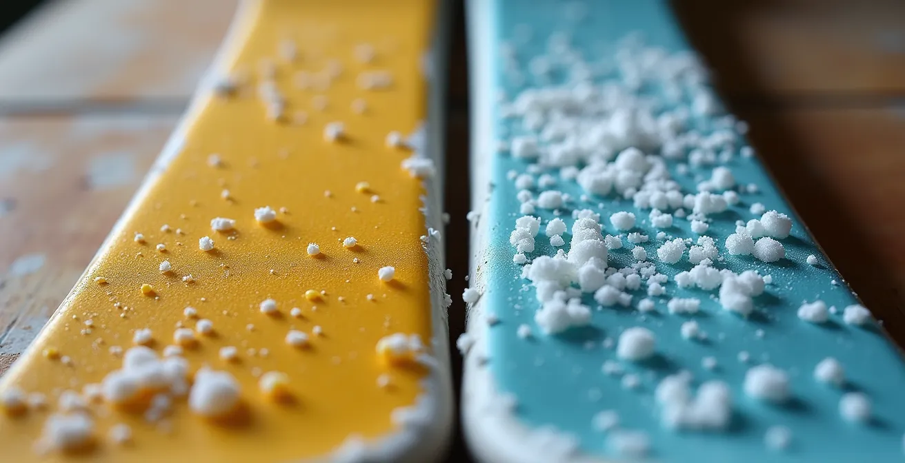 Extreme close-up of klister and hard wax on ski base with snow crystals